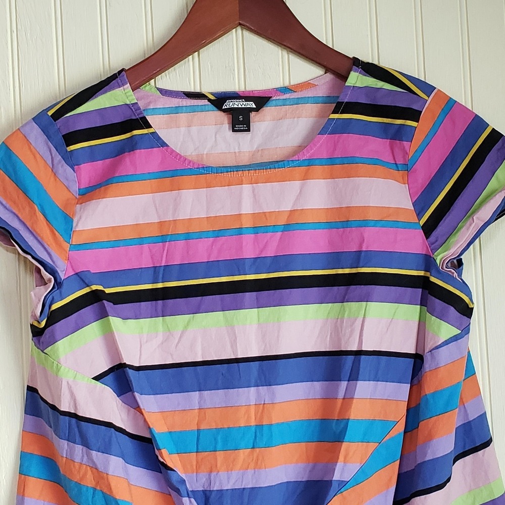 Project Runway Blouse Womens Small Multicolor Stripe Tie Front Scoop Neck Top